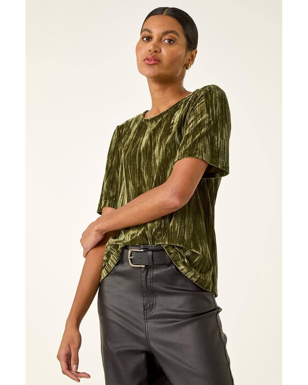 Roman Green Pleated Velvet Stretch Top