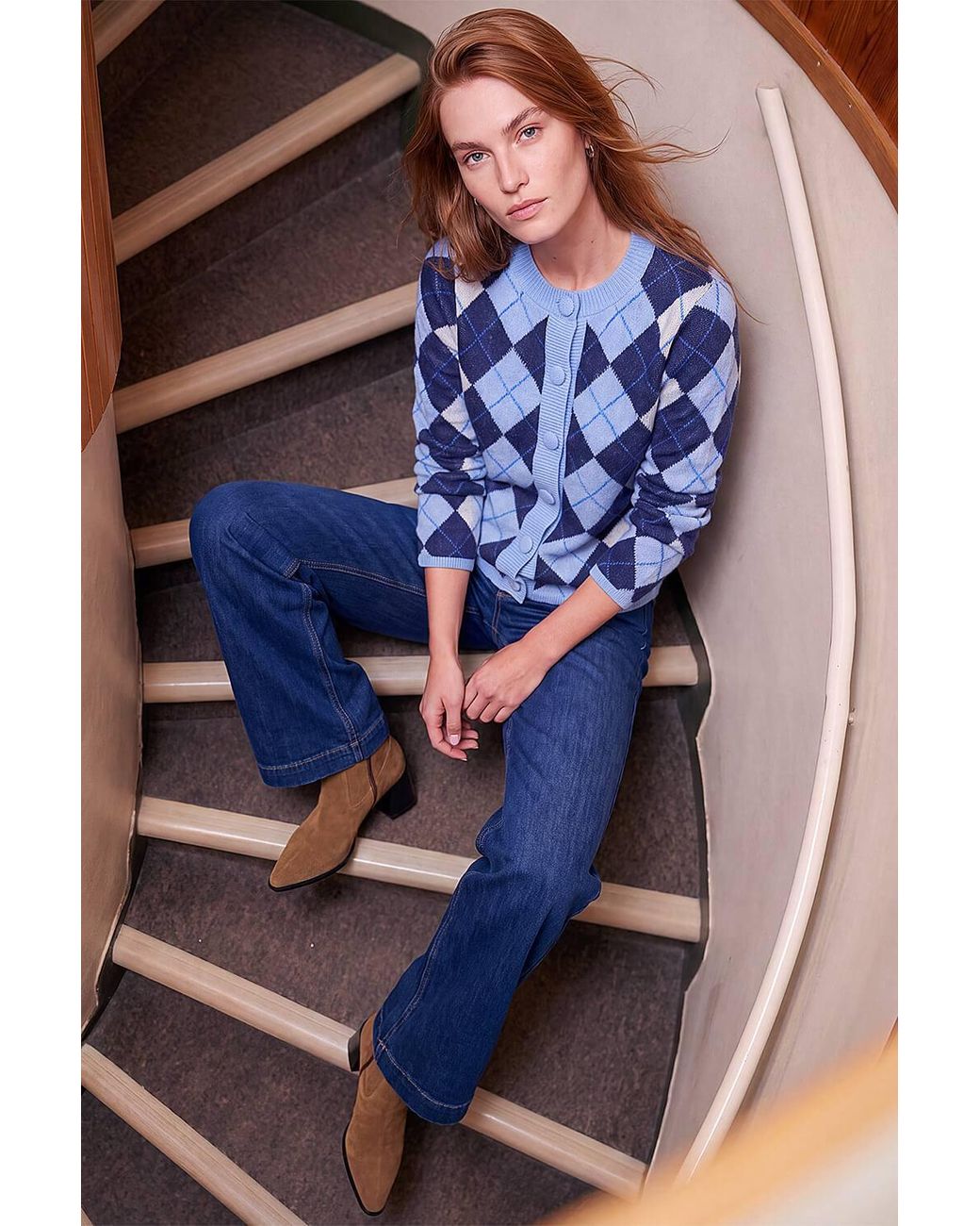 Roman Blue Argyle Buttoned Knit Cardigan
