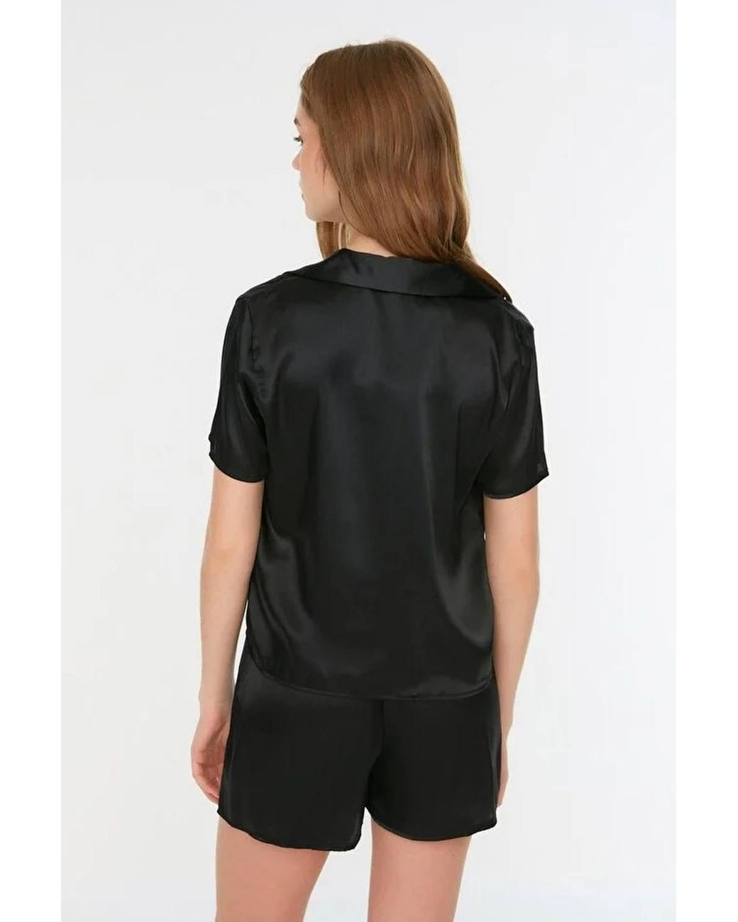 WOVCOR Black Strawberry Embroidered Satin Short Sleeve Pyjama Set