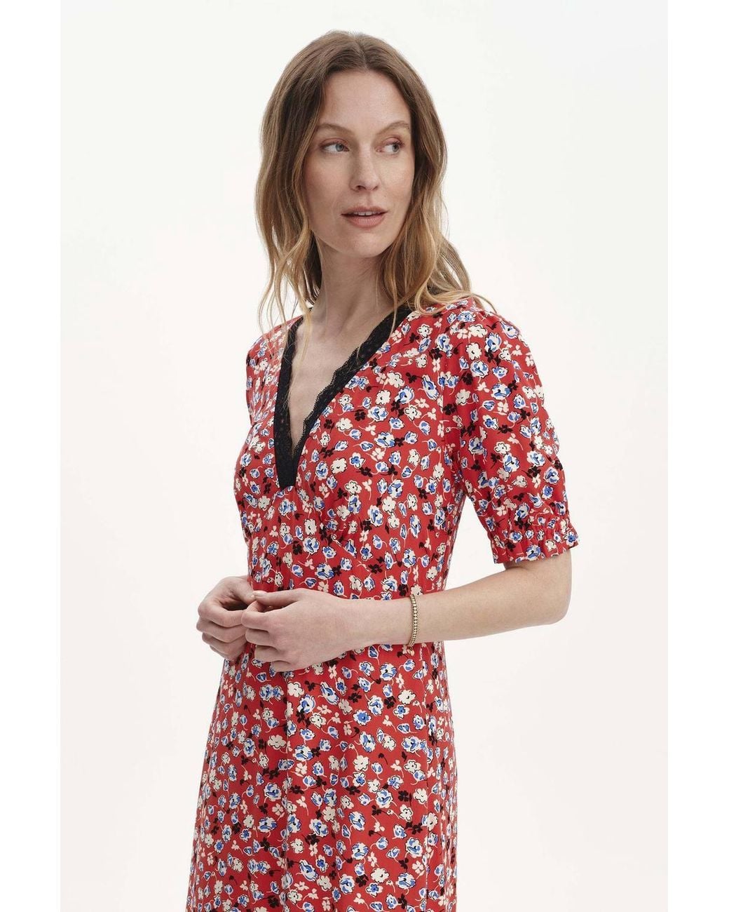 Finery London Red Eilish Lace Trim Midi Dress