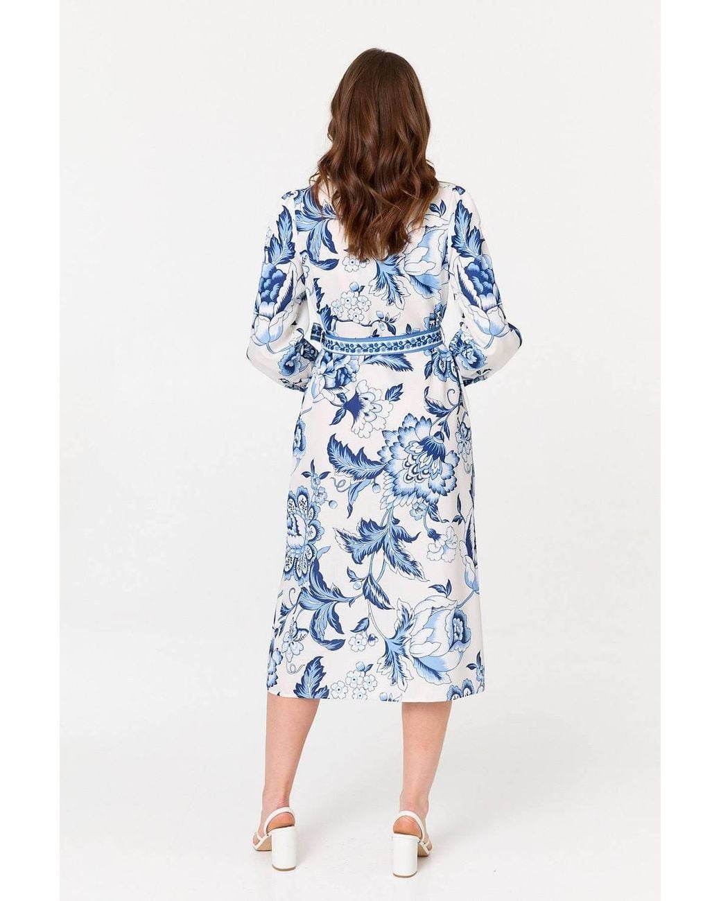 Izabel London Blue Floral Print Tie Belt Midi Shirt Dress