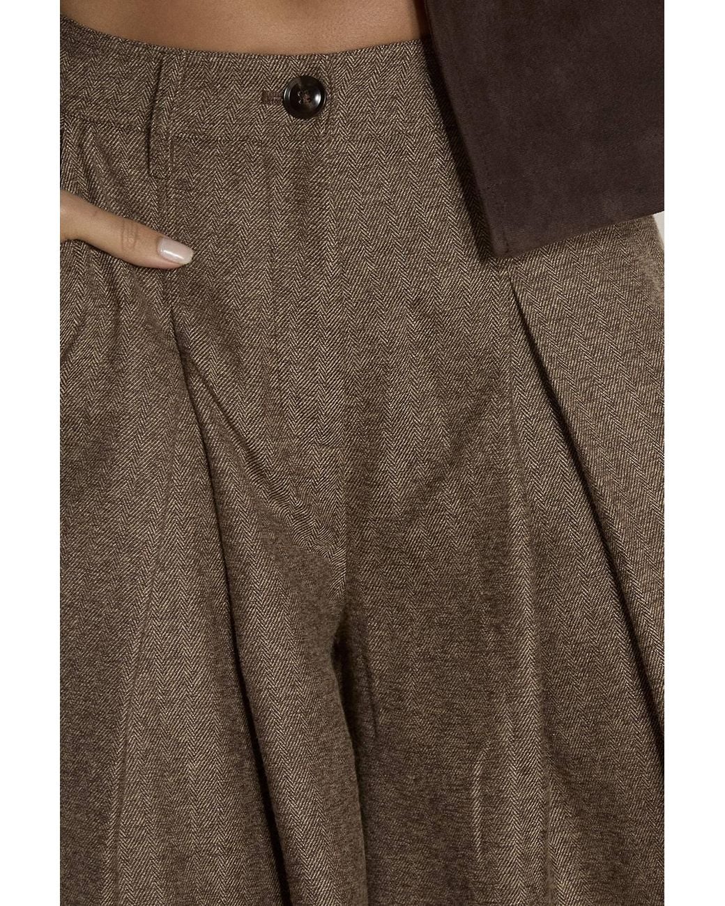 Apricot Brown Herringbone Tweed Wide-Leg Trousers