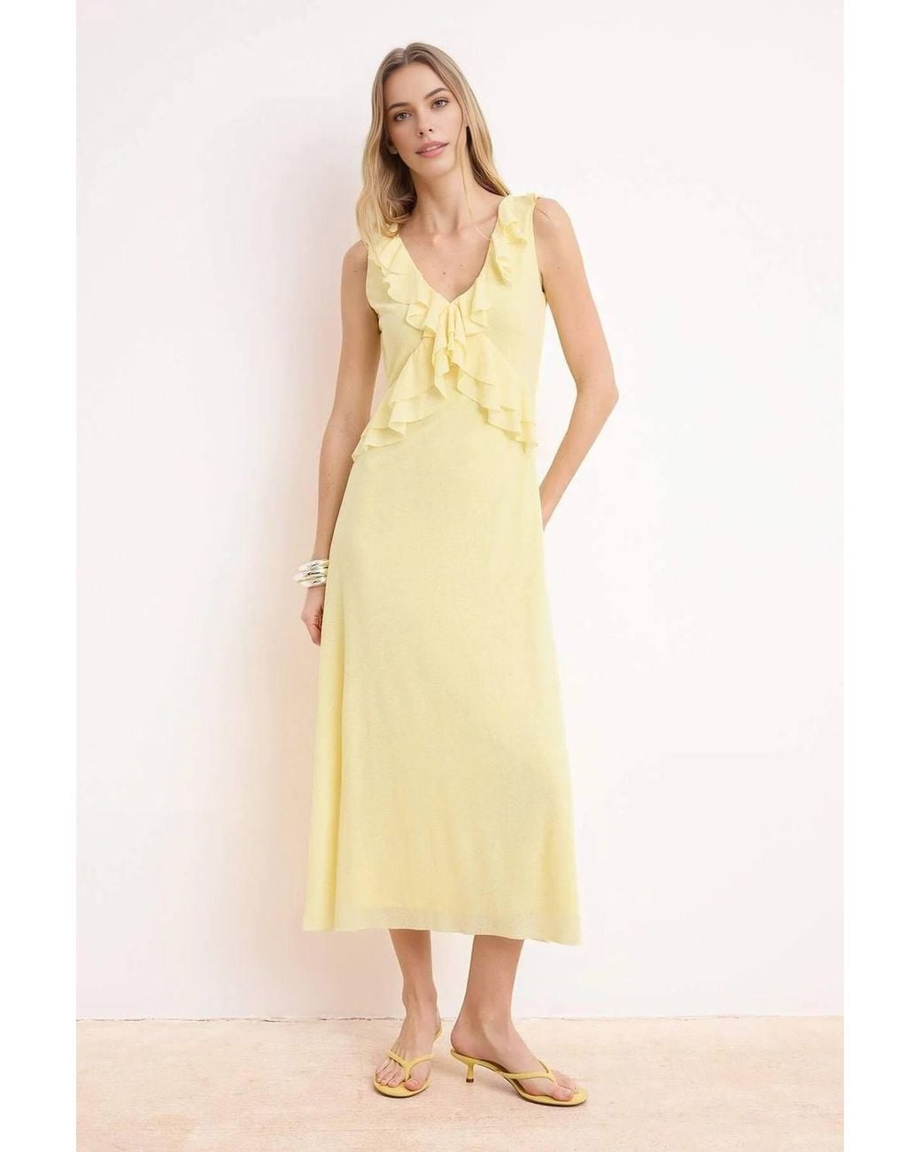WOVCOR Yellow V Neck Ruffle Detail Sleeveless A-Line Midi Knit Dress