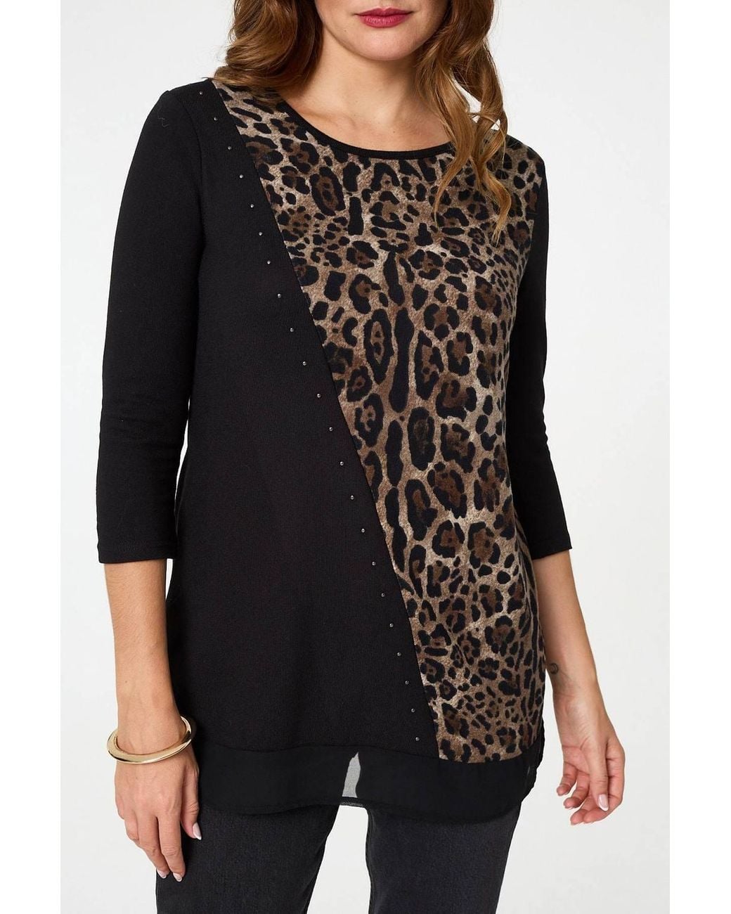 Izabel London Black Animal Print Asymmetric Tunic Top