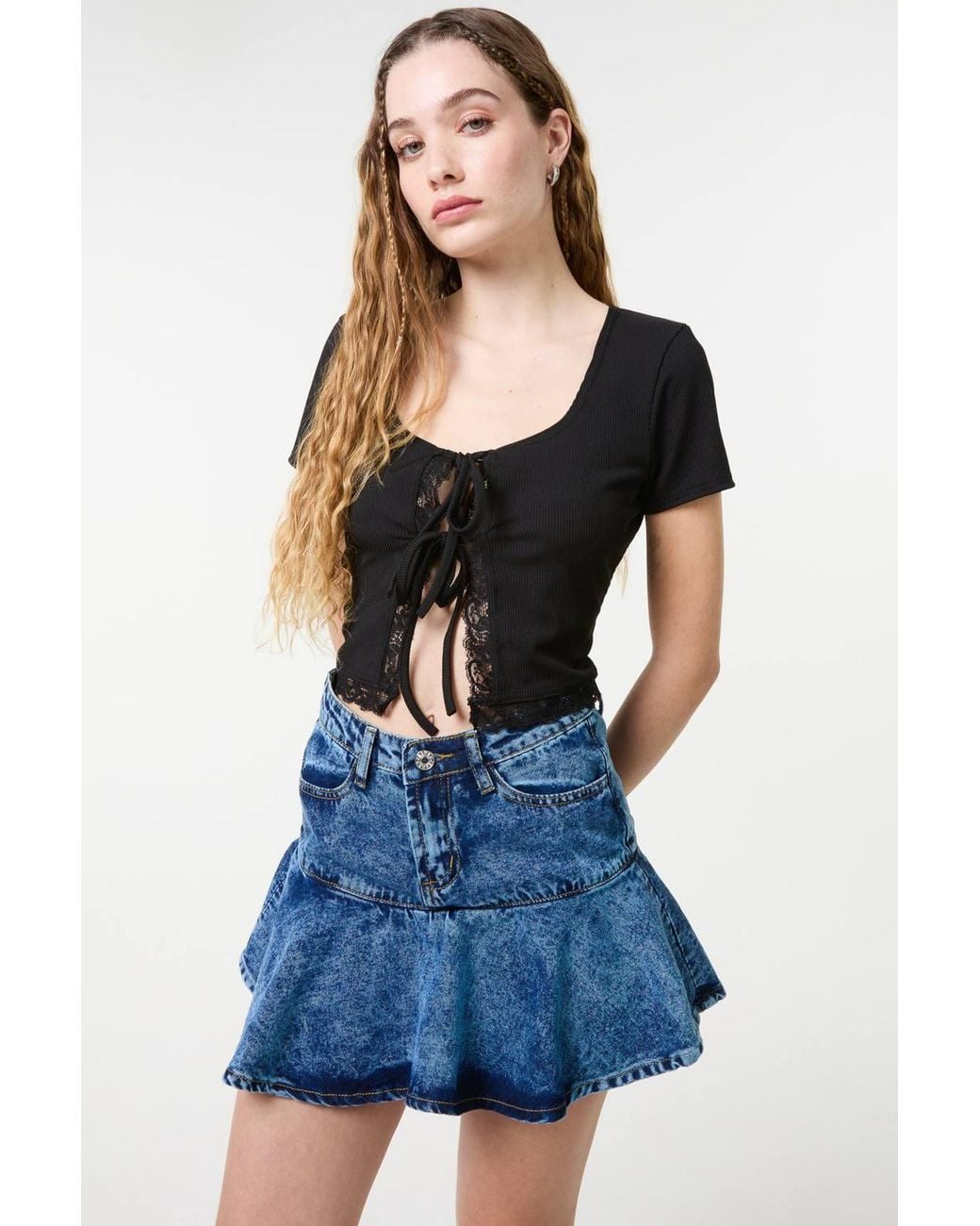 Pink Vanilla Blue Ribbed Lace Tie Front Top