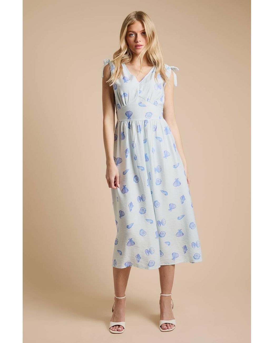 Dorothy Perkins Blue Shell Drawstring Shoulder V Neck Midi Dress
