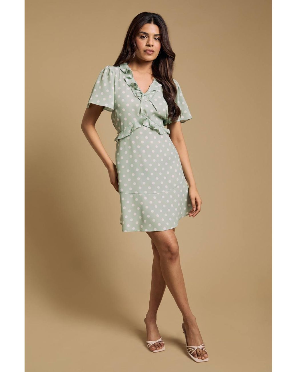 Dorothy Perkins Natural Petite Tie Front Ruffle Sleeve Printed Mini Dress