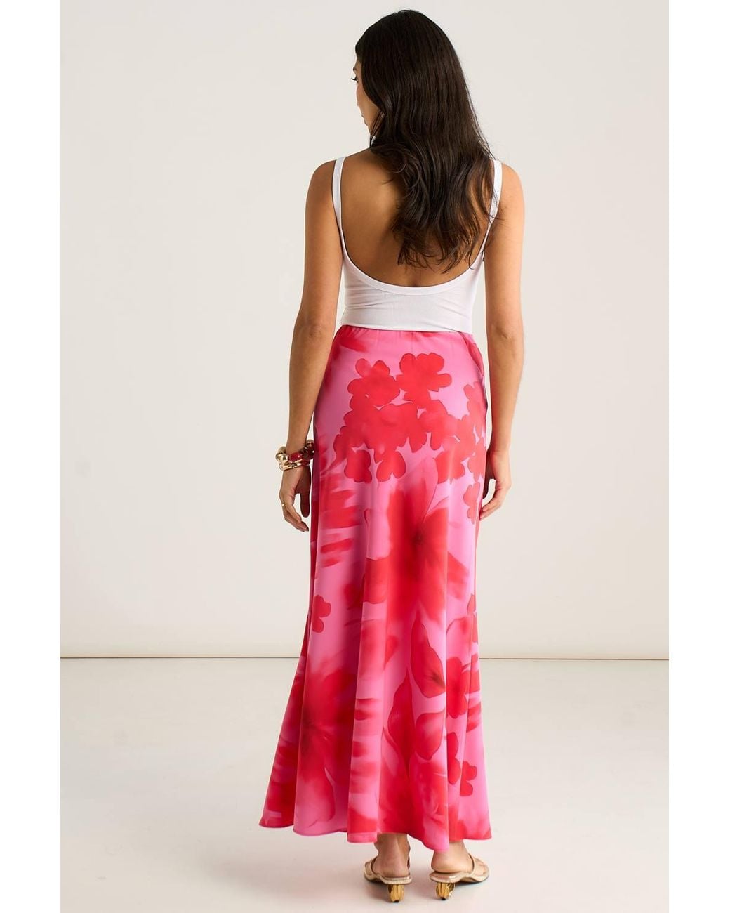 Gini London Red Watercolor Floral Print A Line Maxi Skirt
