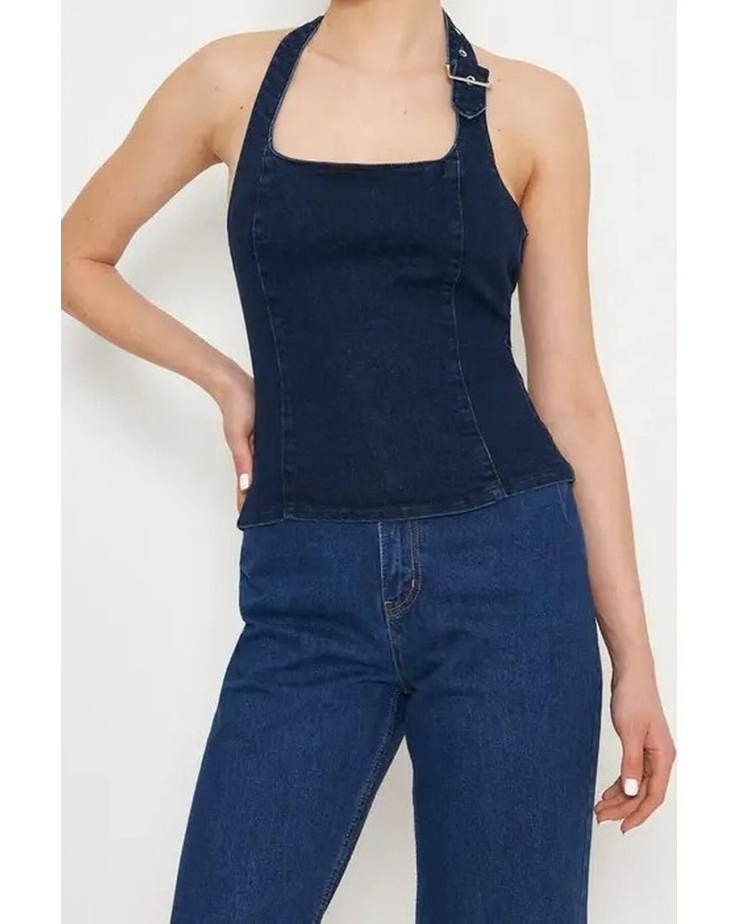 WOVCOR Blue Sleeveless Denim Halter Top W/ Buckle Strap Detail