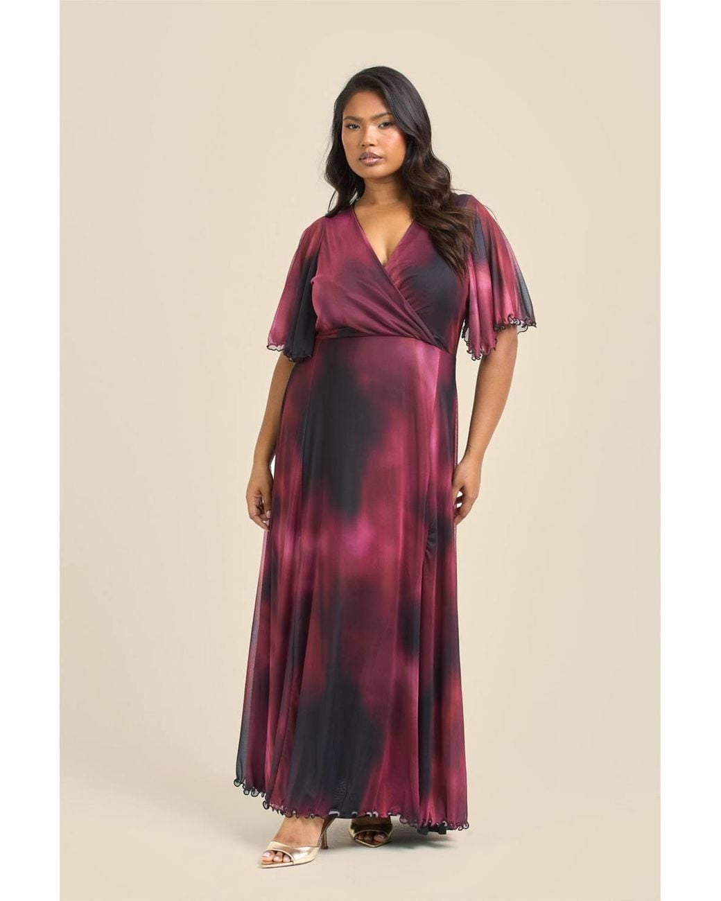 FASHION-SZN Red Curve Angel Sleeve Wrap Front Maxi Dress