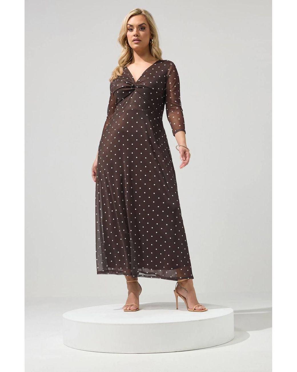 Yours Brown Polka Dot Knot Front Dress