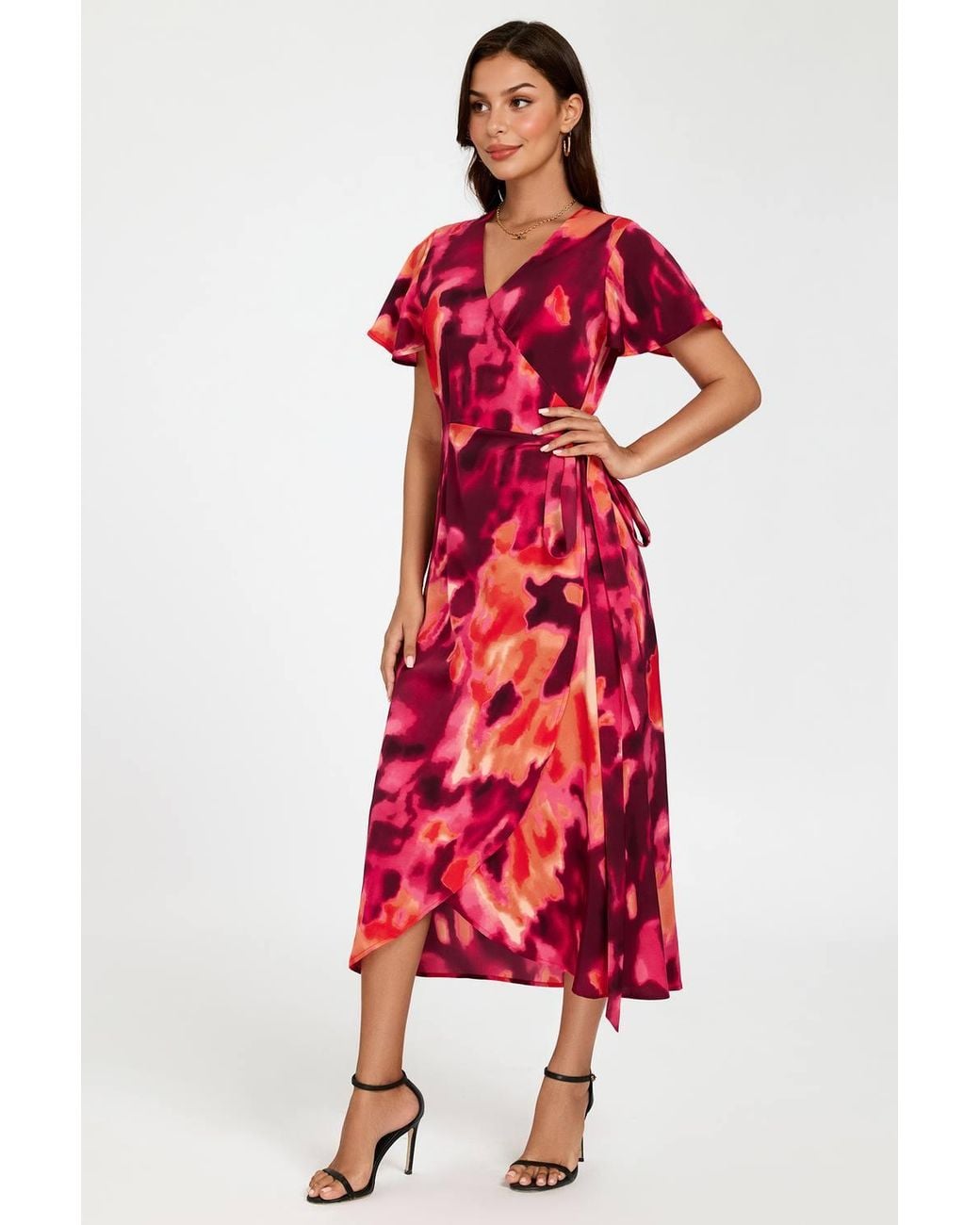 FS Collection Red Abstract Print Wrap Maxi Dress