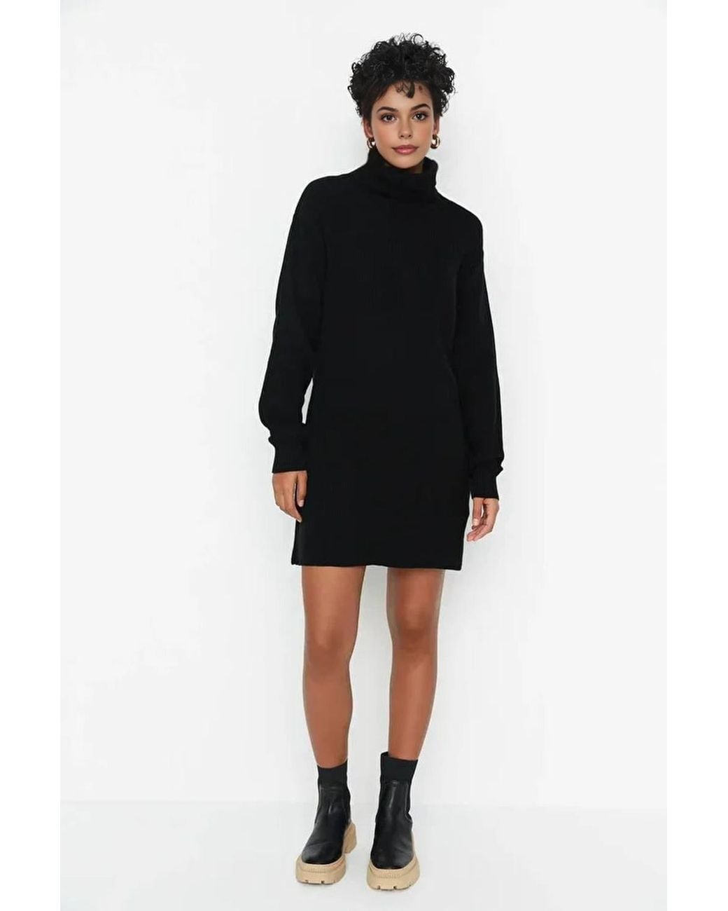 WOVCOR Black Roll Neck Mini Knit Dress W/ Long Sleeves