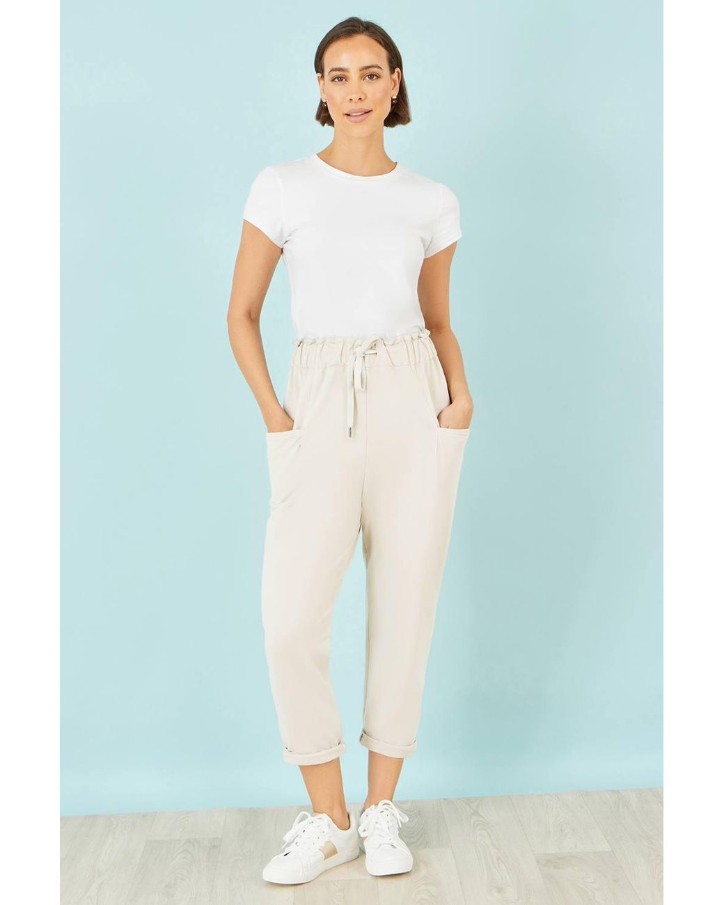 Yumi' Blue Cream Cotton Relaxed Stretch Trousers With Pockets