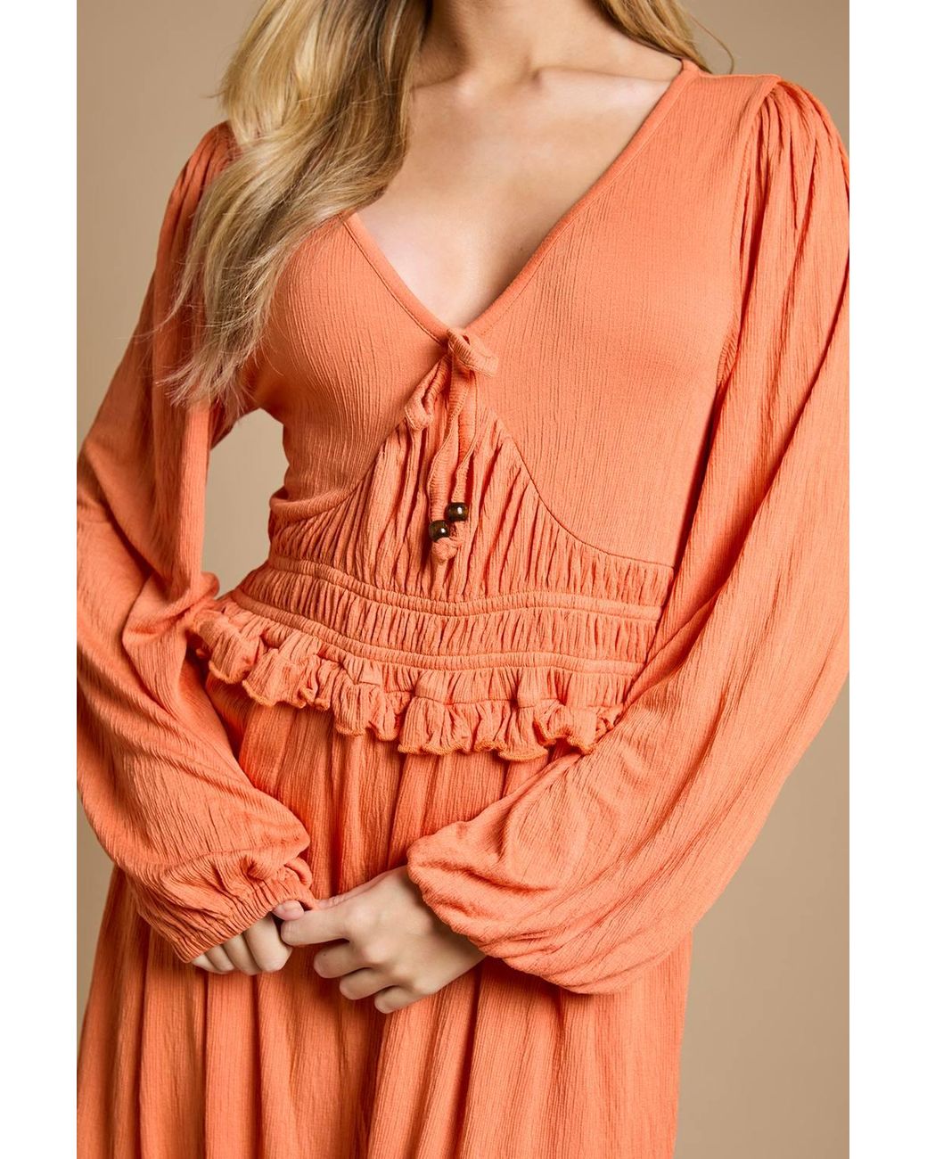 Dorothy Perkins Orange V Neck Shirred Waist Puff Sleeve Jersey Midi Dress