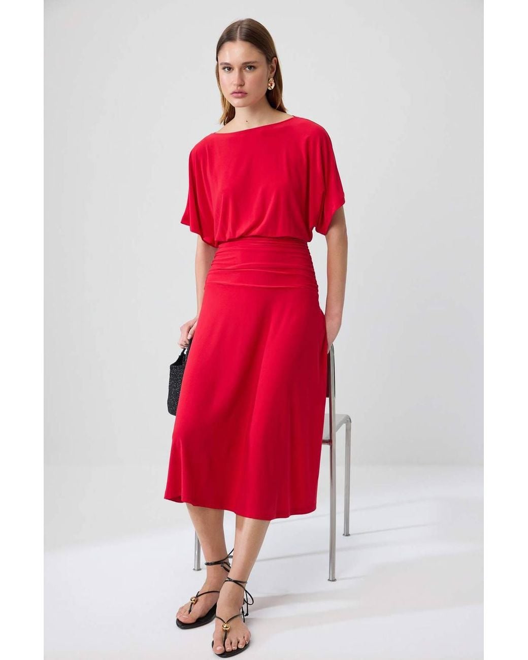 WOVCOR Red Boat Neck Batwing Sleeve Short Sleeve Skater Maxi Dress