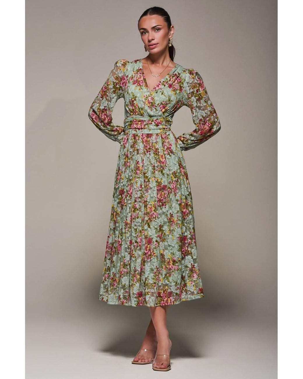 Jolie Moi Green Long Sleeve Printed Lace Maxi Dress