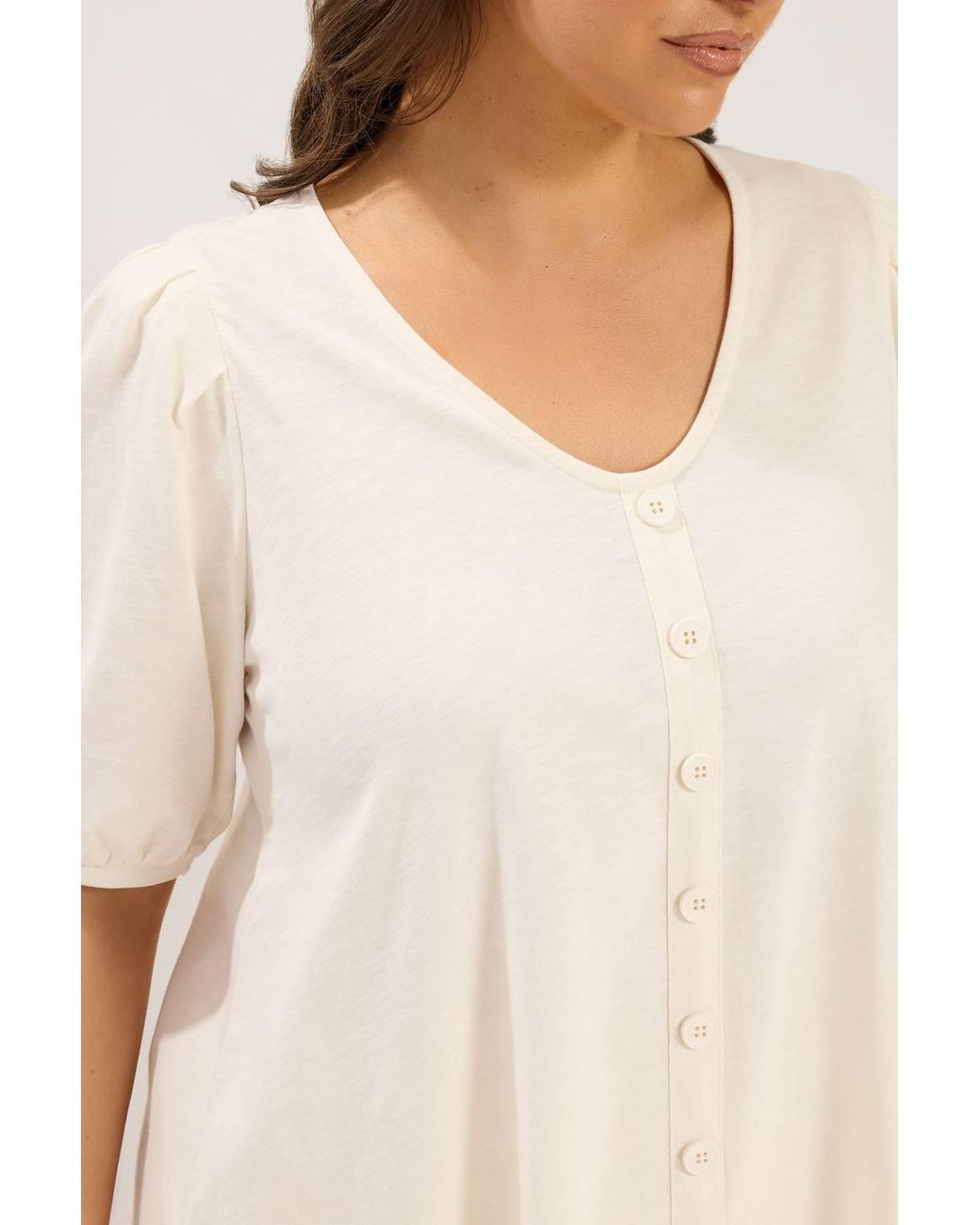 Yours Natural Button Front Puff Sleeve Top