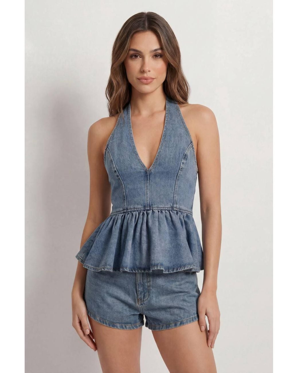 MissPap Blue Peplum Hem Denim Top