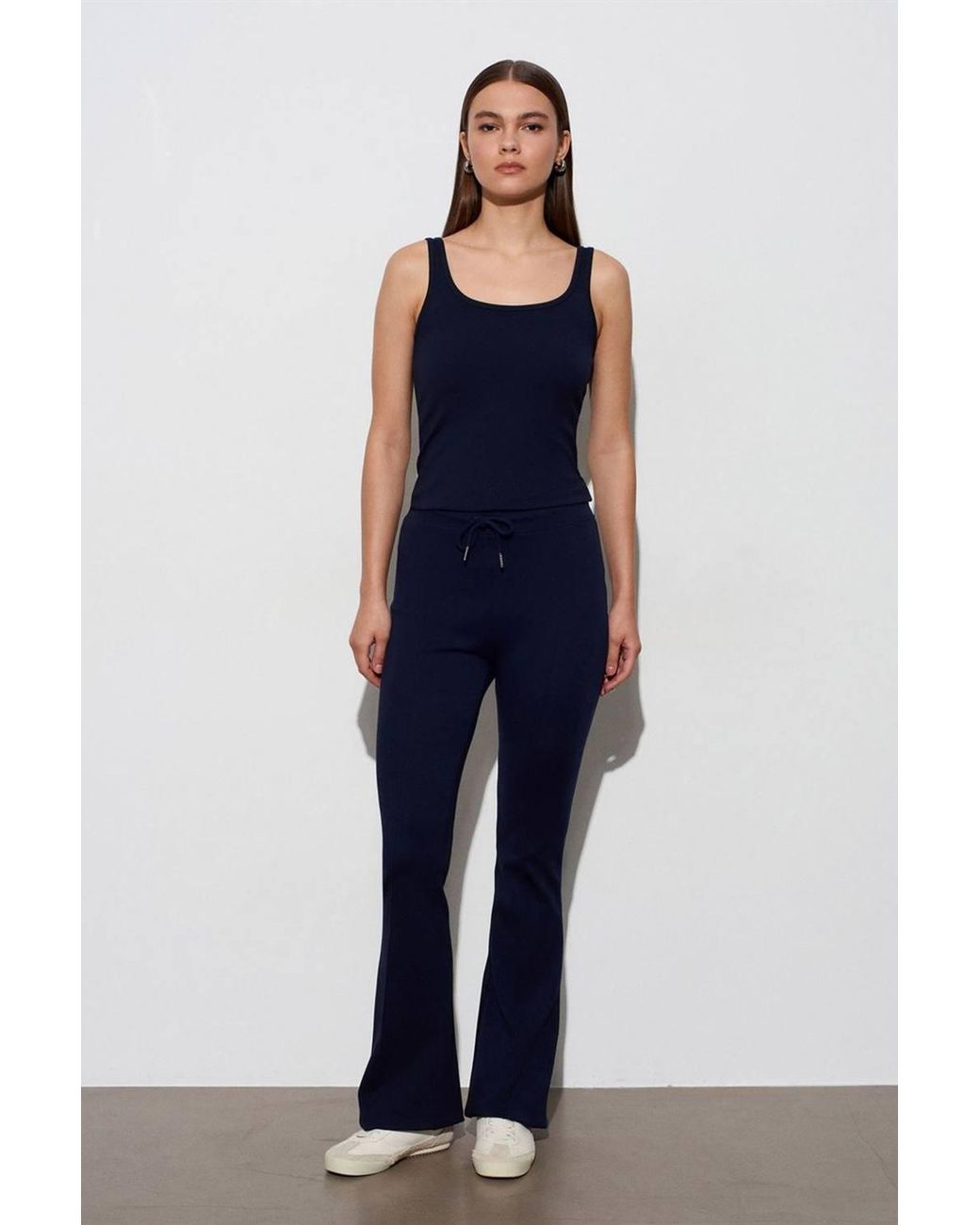 Dilvin Blue Mid-Waist Flare Jersey Pants W/ Drawstring
