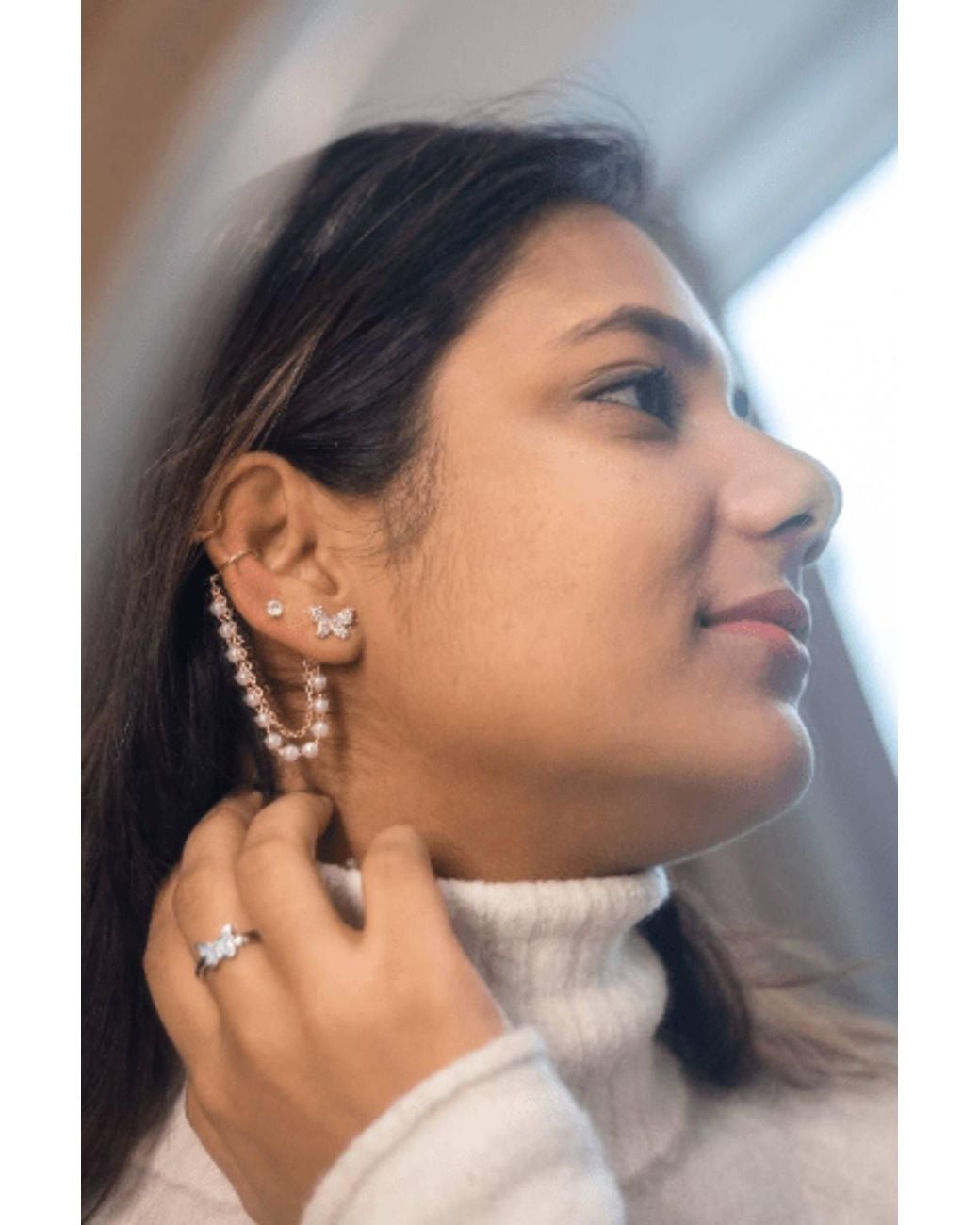 The Colourful Aura Brown Long Butterfly Tassel Pearl Ear Cuffs Cha