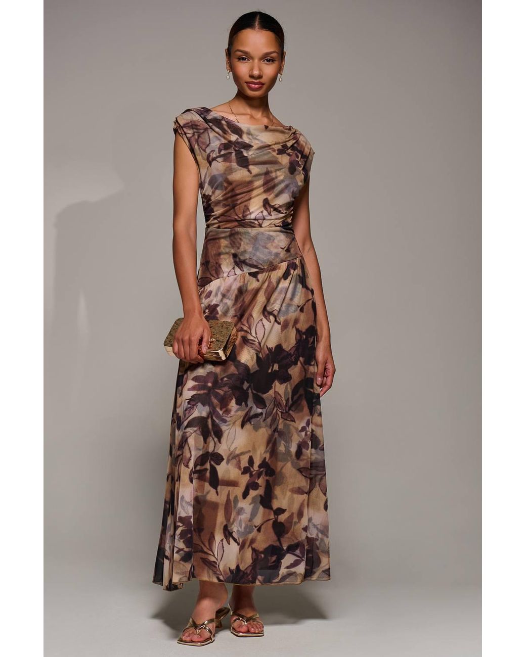 Jolie Moi Brown Asymmetric Draped Mesh Maxi Dress