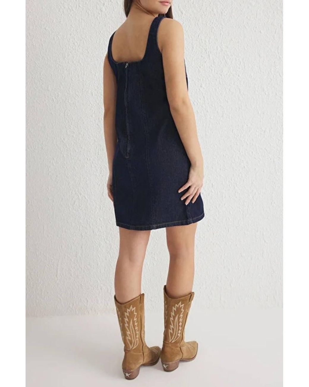 WOVCOR Blue Buckled Adjustable Strap Mini Denim Dress