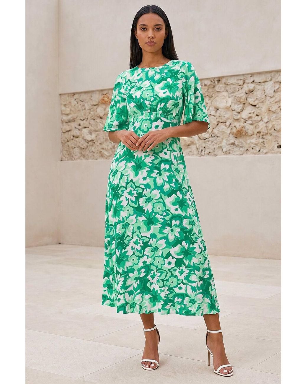 Roman Green Floral Print Angel Sleeve Midi Dress