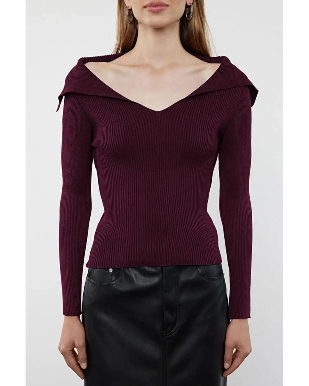 WOVCOR Purple Carmen Collar Knit Sweater Off-Shoulder Rib Knitted Jumper