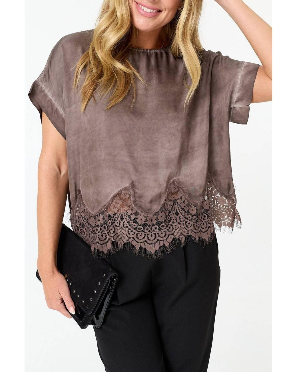 Izabel London Brown Lace Trim Relaxed Cap Sleeve Top