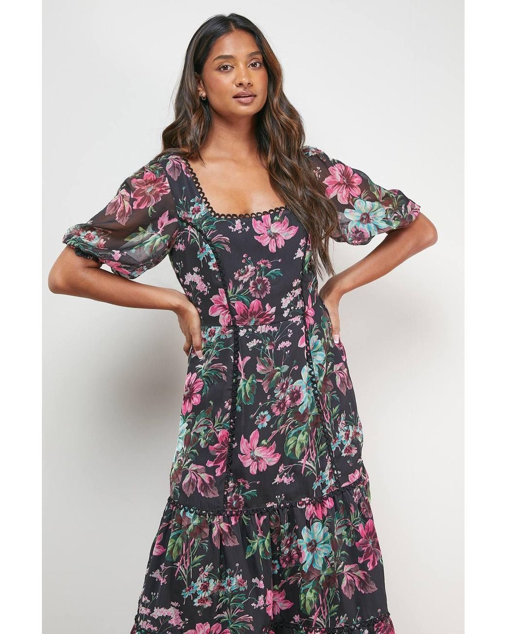 Oasis Multicolor Printed Square Neck Scallop Edge Puff Sleeve Midi Dress