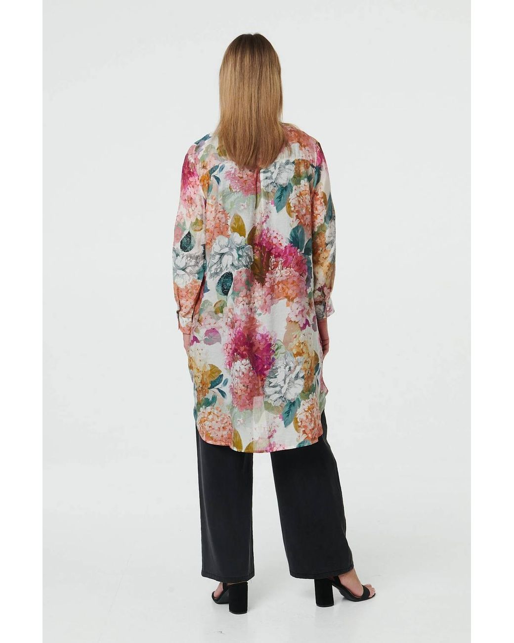 Izabel London Red Floral Long Sleeve Longline V-Neck Shirt