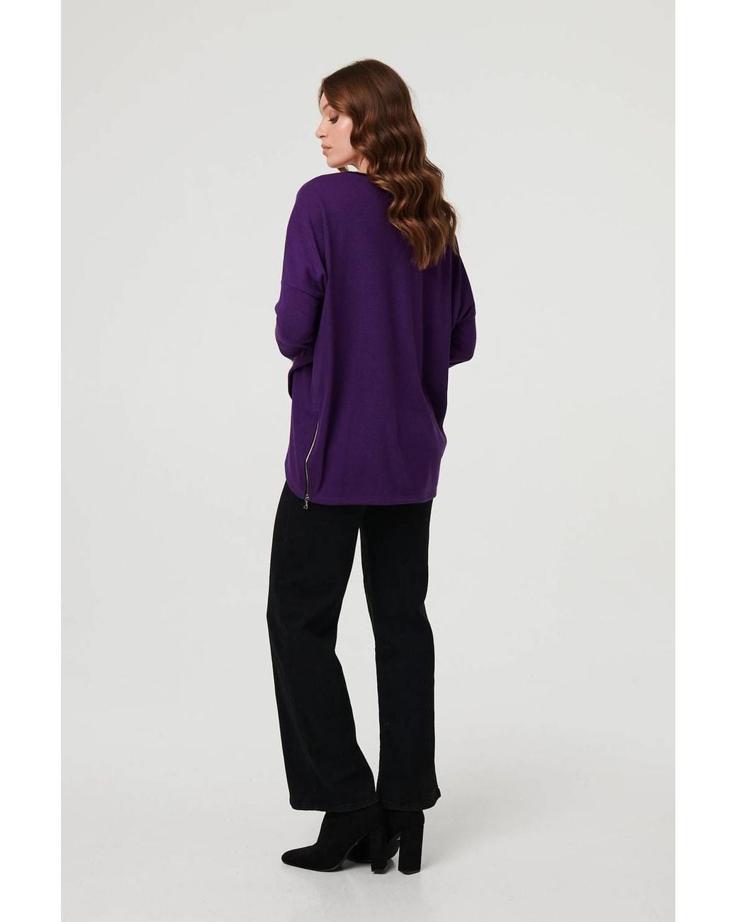 Izabel London Purple Asymmetric Zip Hem 3/4 Sleeve Tunic Top