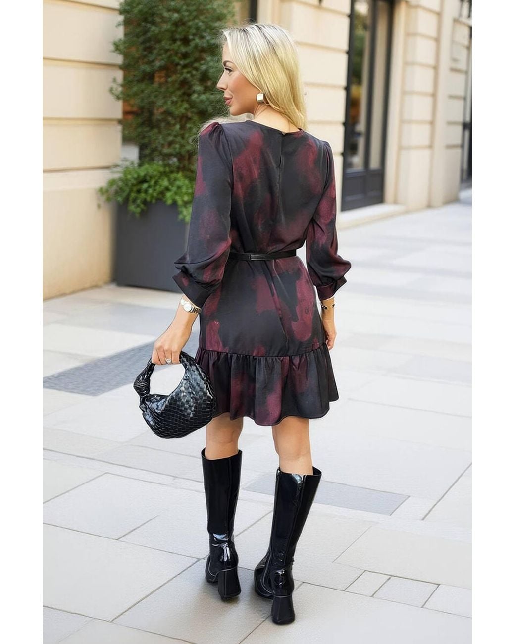 AX Paris Blue Smudge Print Frill Hem Belted Mini Dress