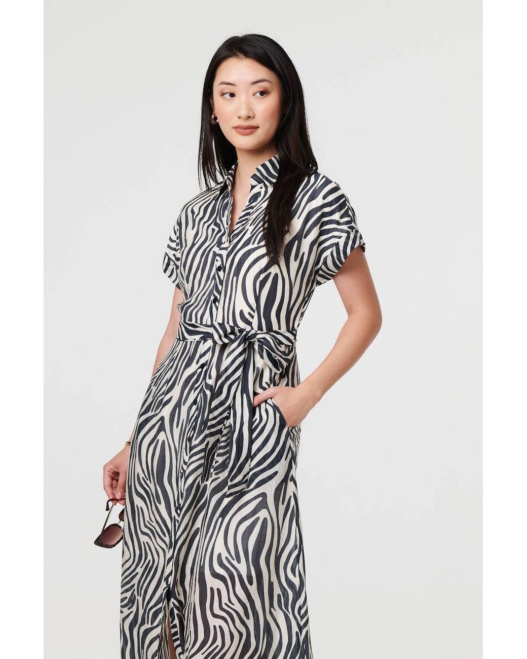 Izabel London Black Zebra Print Tie Waist Midi Shirt Dress