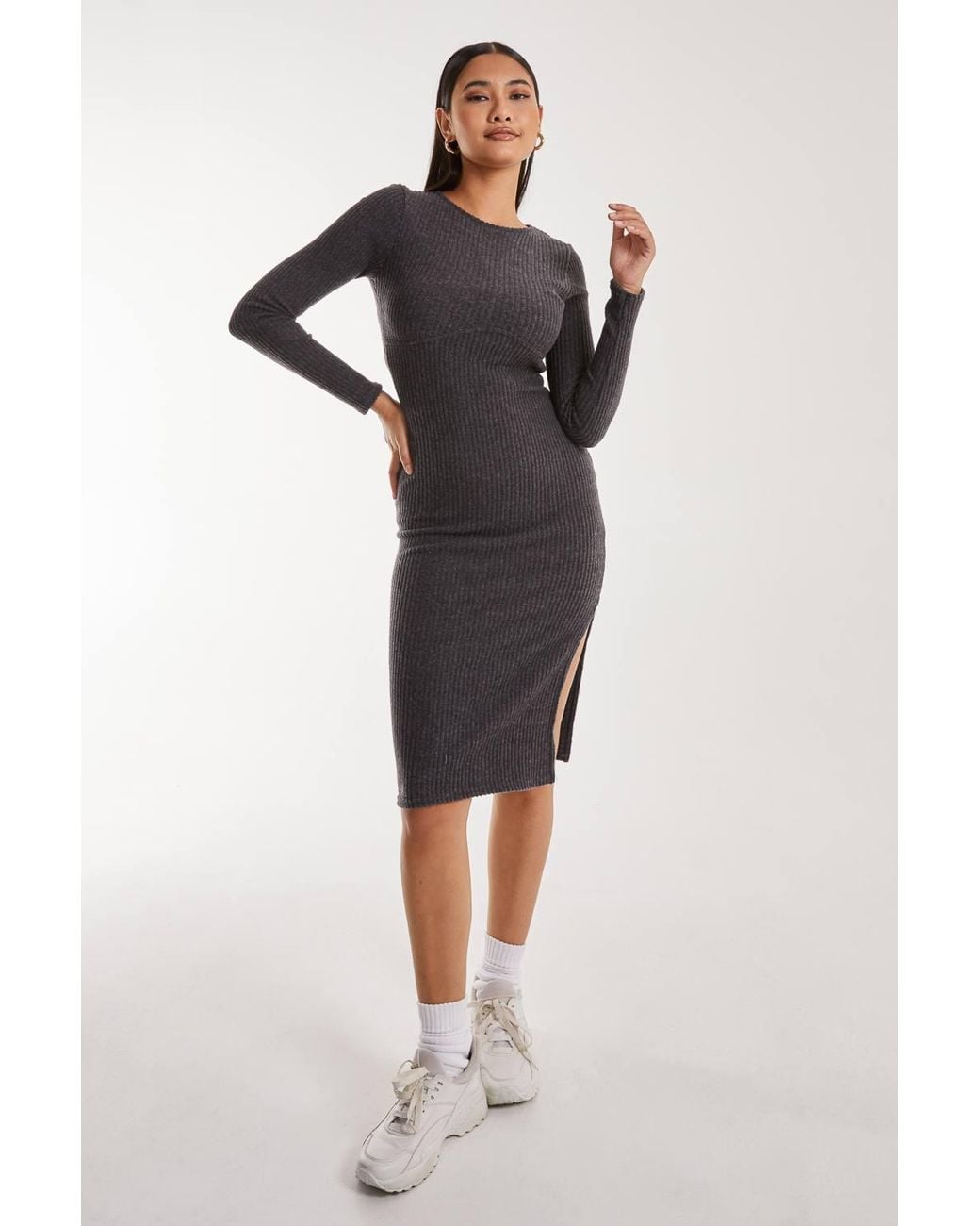 Pink Vanilla Black Soft Brushed Rib Long Sleeve Midi Dress