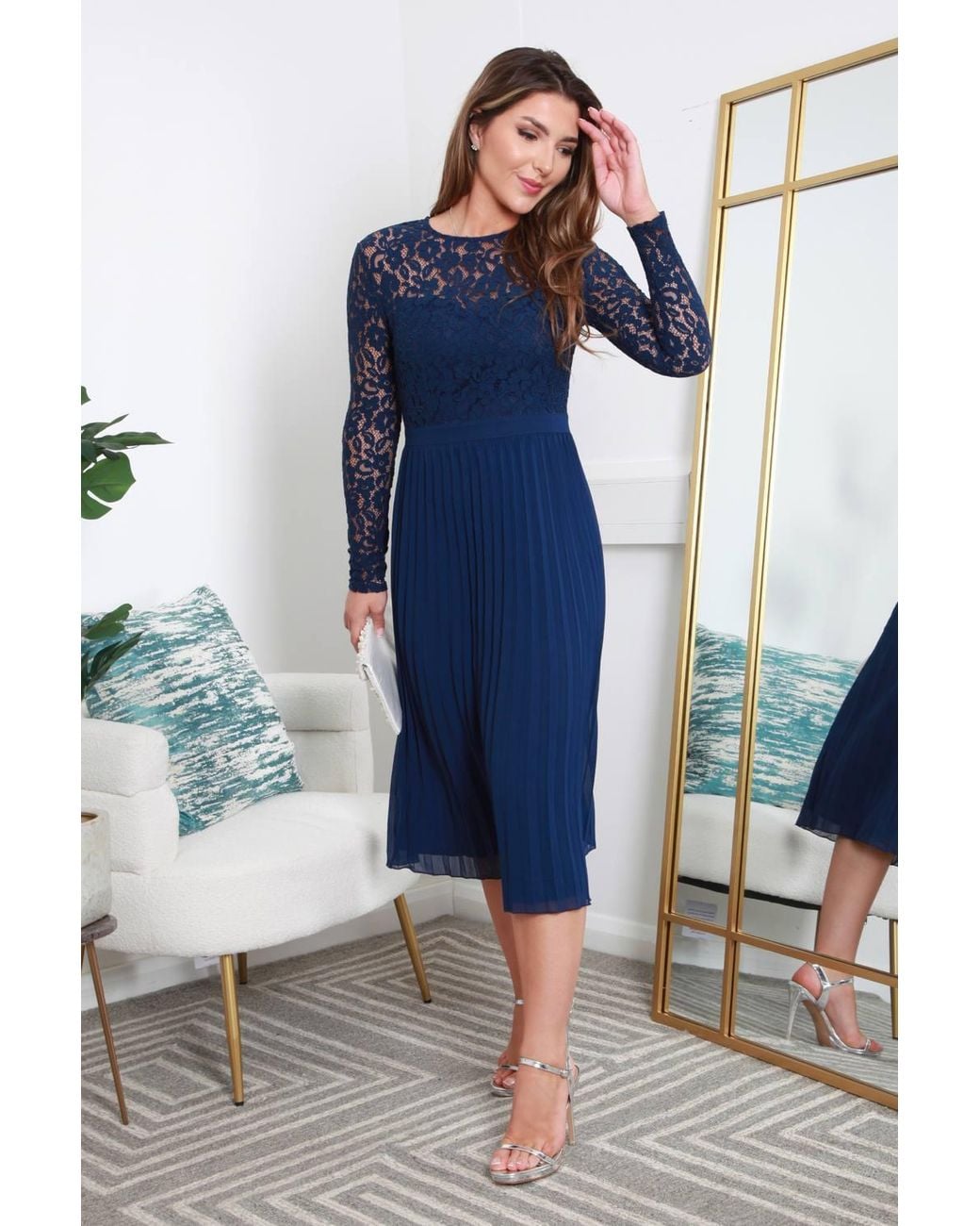 Double Second Blue Long Sleeve Lace Pleated Dress