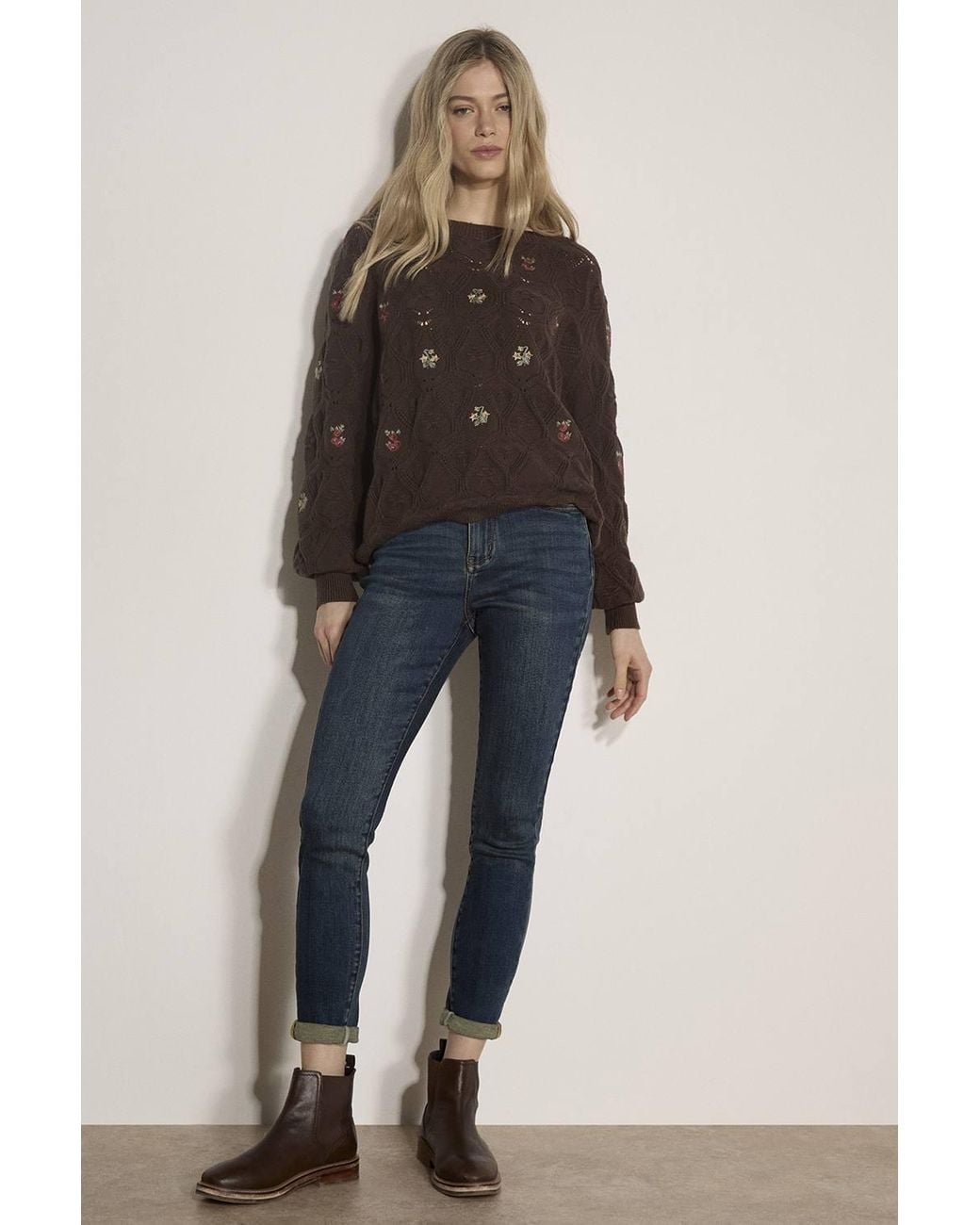 Apricot Black Pointelle Knit Floral Embroidered Jumper