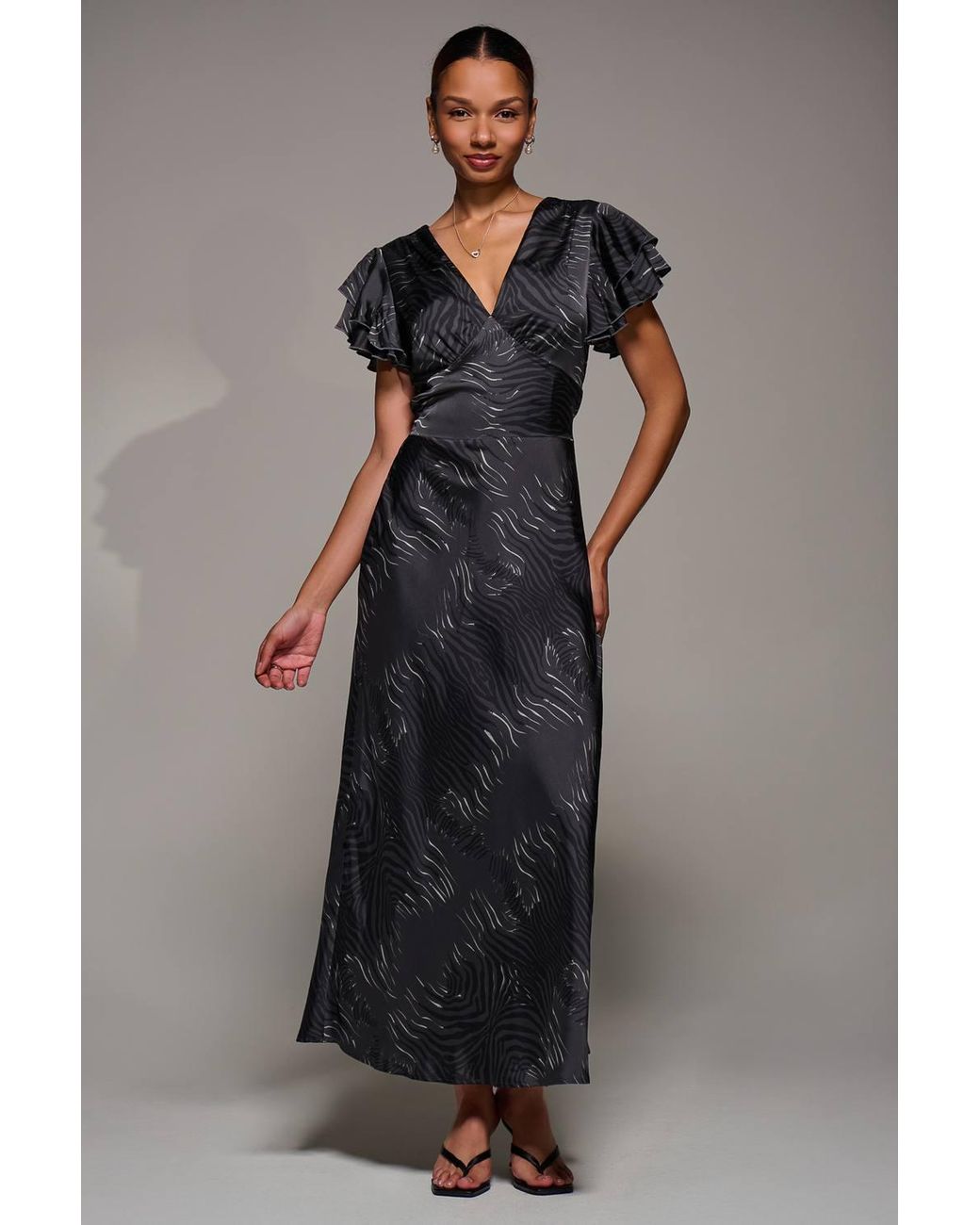 Jolie Moi Blue Ruffle Sleeve Print Satin Maxi Dress