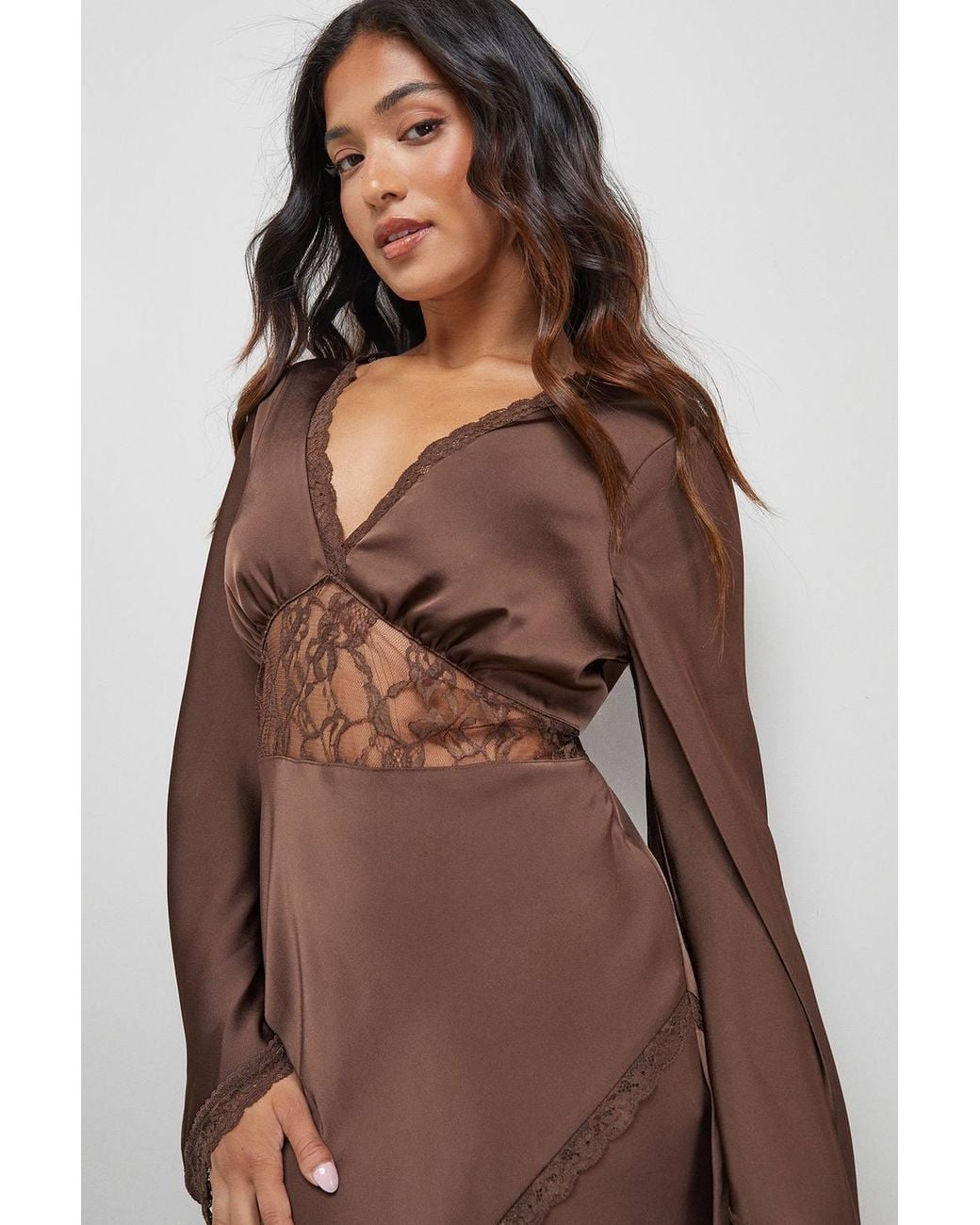 Warehouse Brown Petite Satin Lace Insert Flute Sleeve Midi Dress