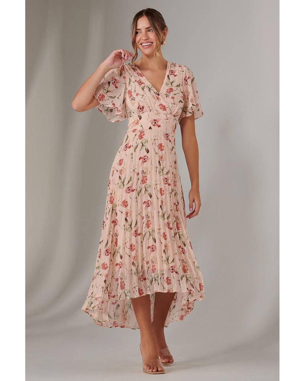 Jolie Moi Pink Charlotte Pleated Chiffon Midaxi Dress