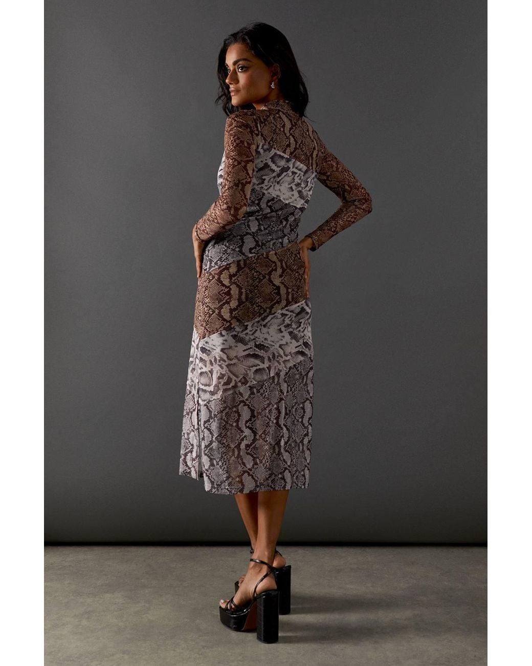 Warehouse Black Panelled Print Mesh Midi Dress