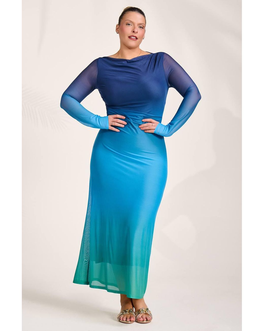 Jolie Moi Blue Long Sleeve Slash Neck Mesh Maxi Dress