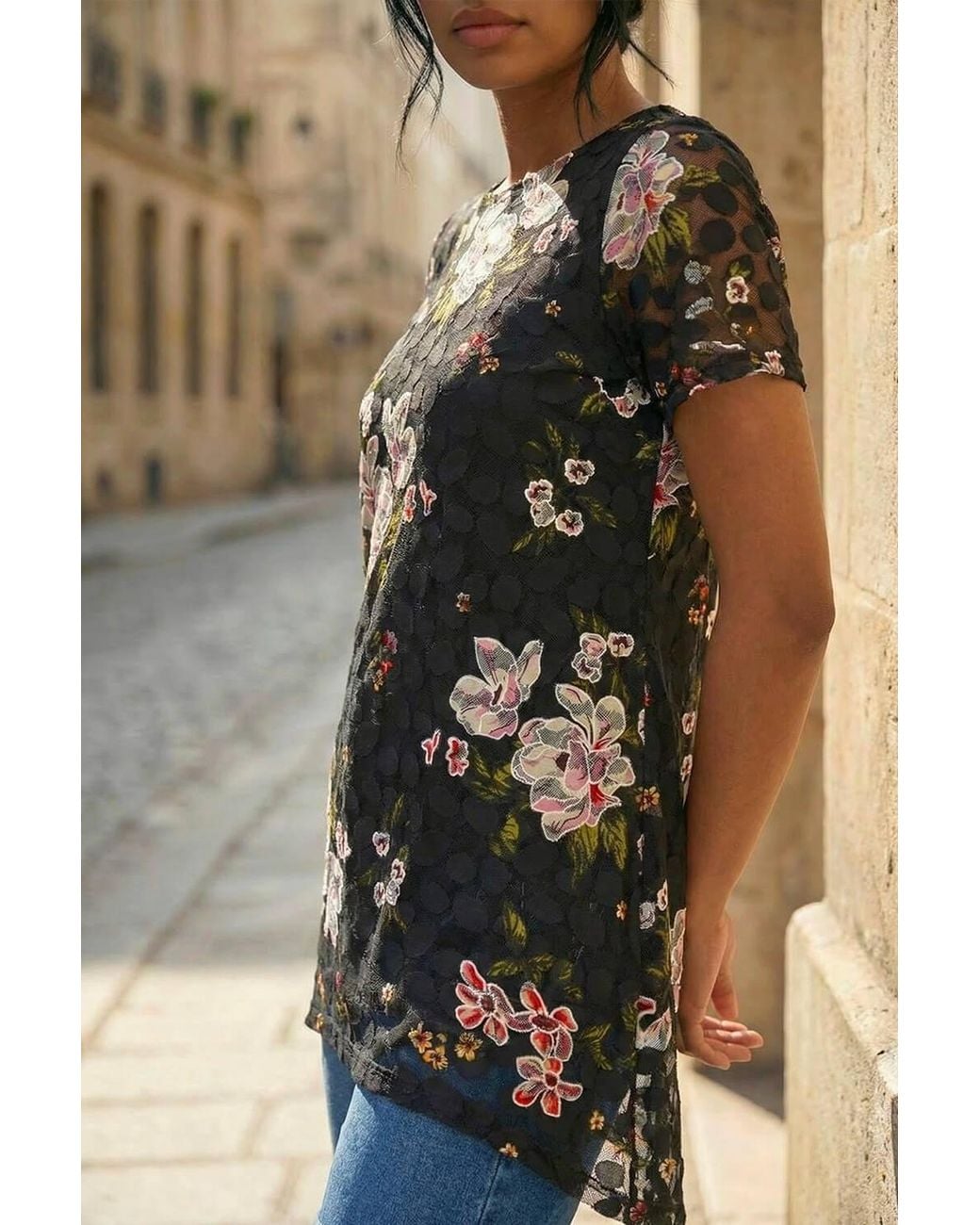 Roman Brown Floral Print Lace Stretch Top