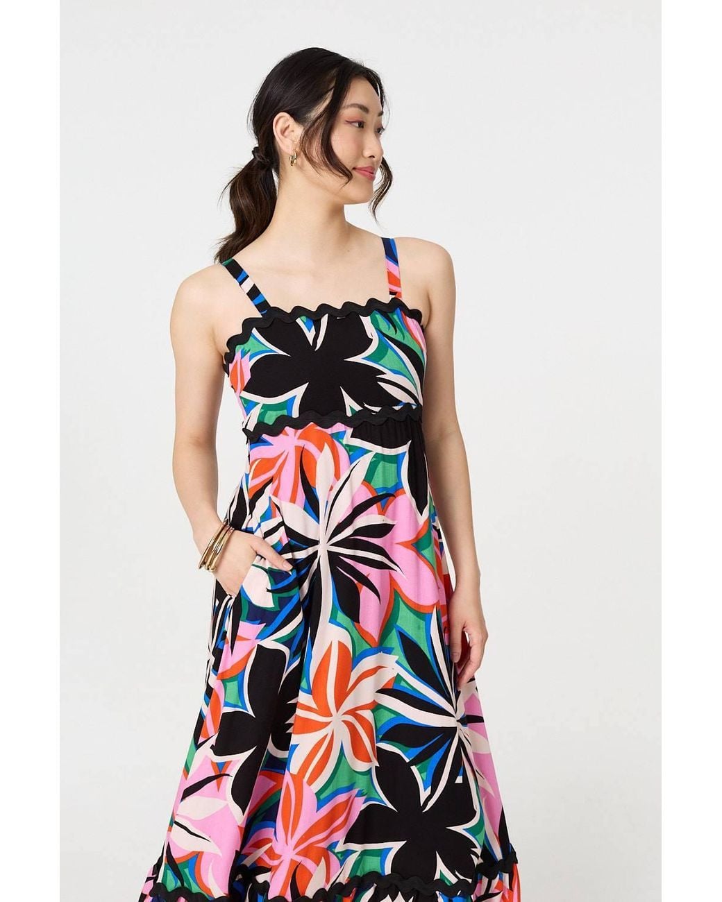 Izabel London Pink Floral Wave Trim Sleeveless Maxi Dress