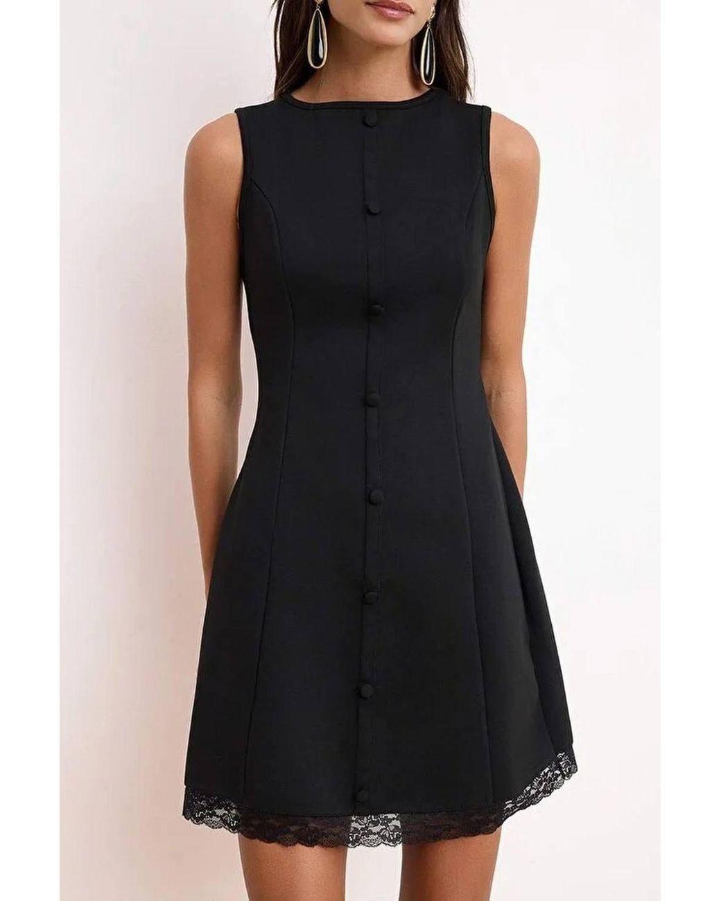 WOVCOR Black Boat Neck Sleeveless Mini A-Line Dress W/ Lace Hem