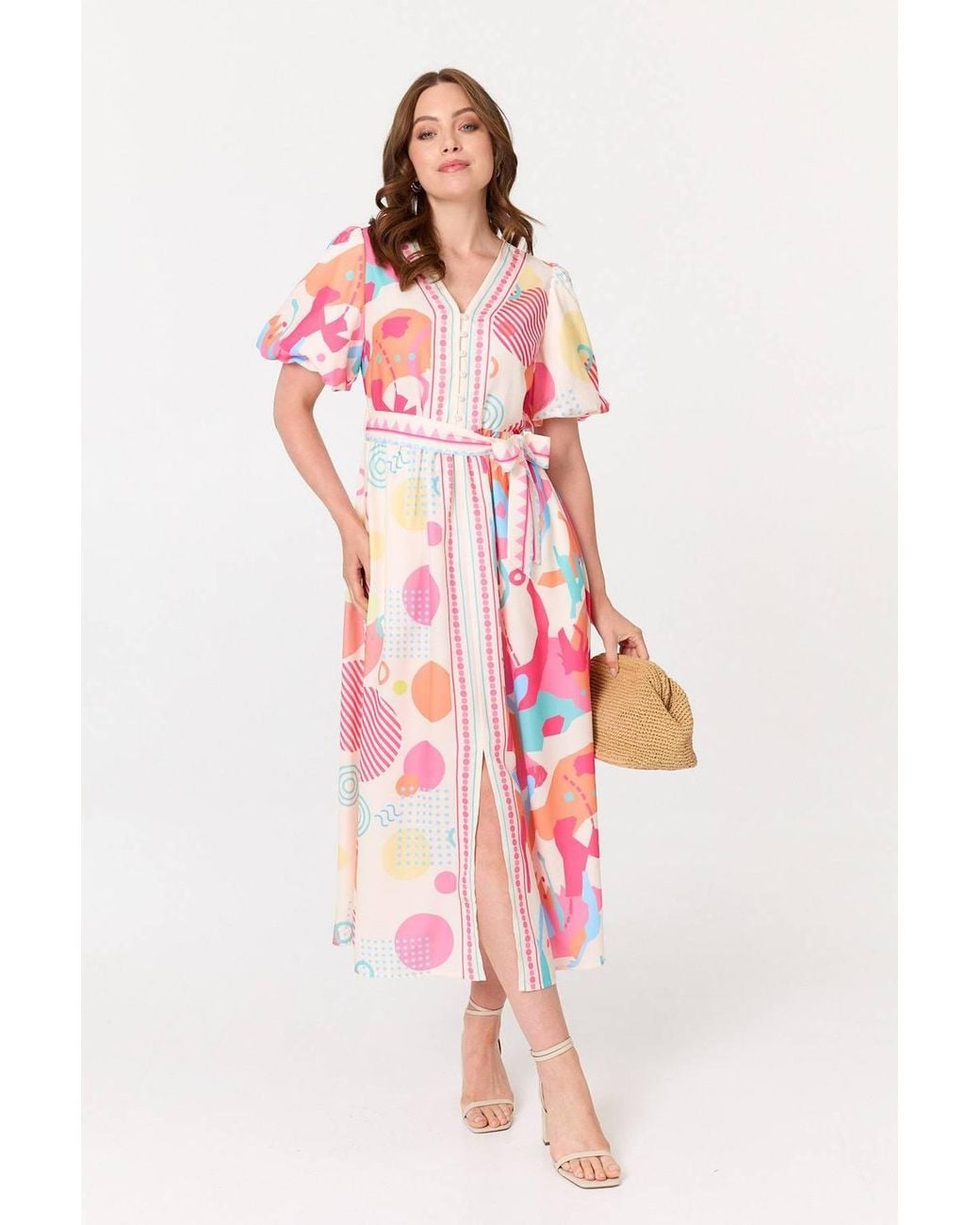 Izabel London Pink Abstract Short Puff Sleeve Midi Dress