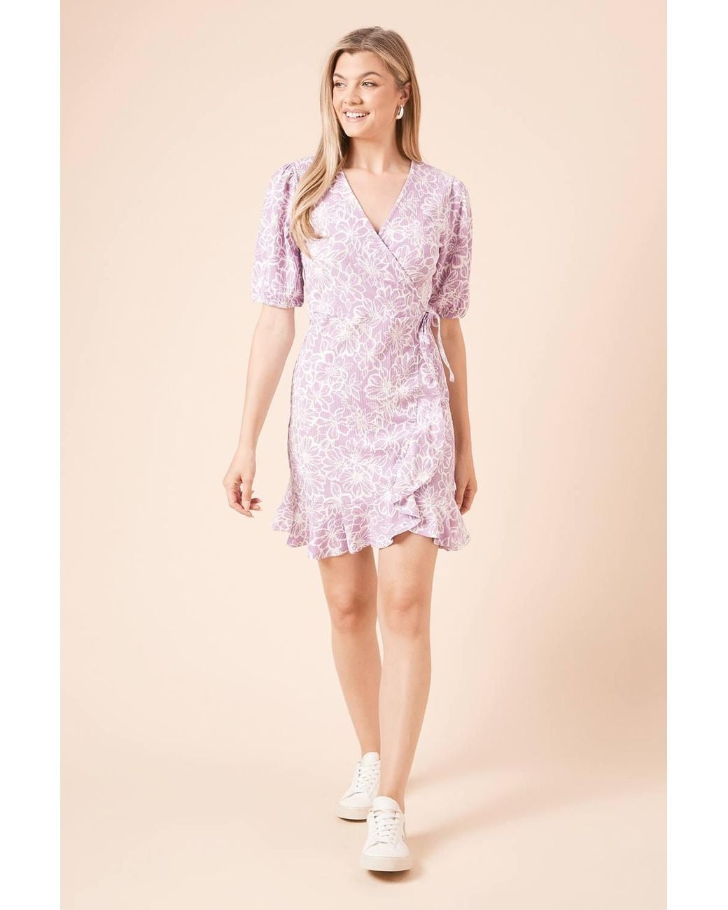Dorothy Perkins Pink Floral Puff Sleeve Mini Jersey Wrap Dress
