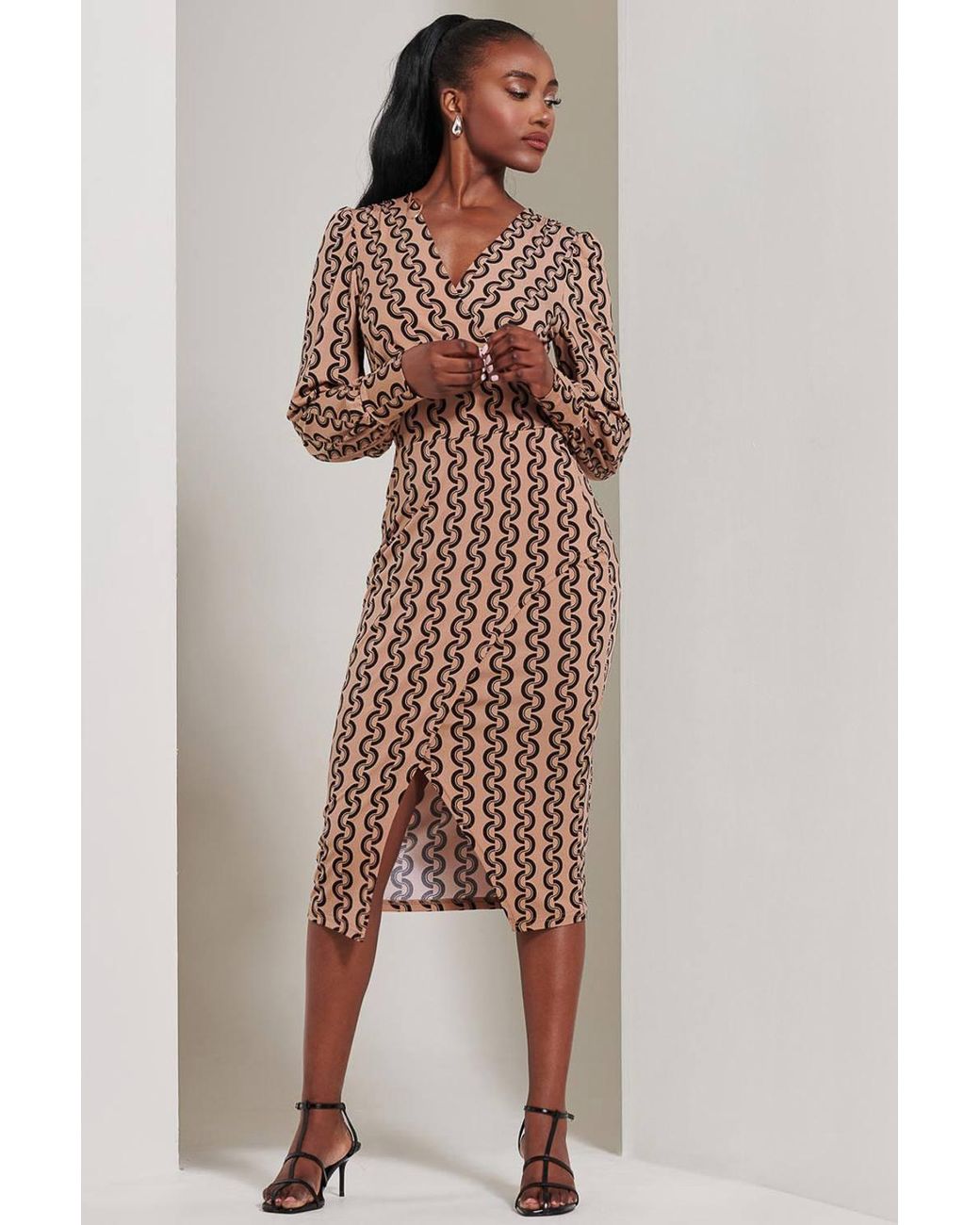 Jolie Moi Natural Print Long Sleeve Jersey Pencil Dress
