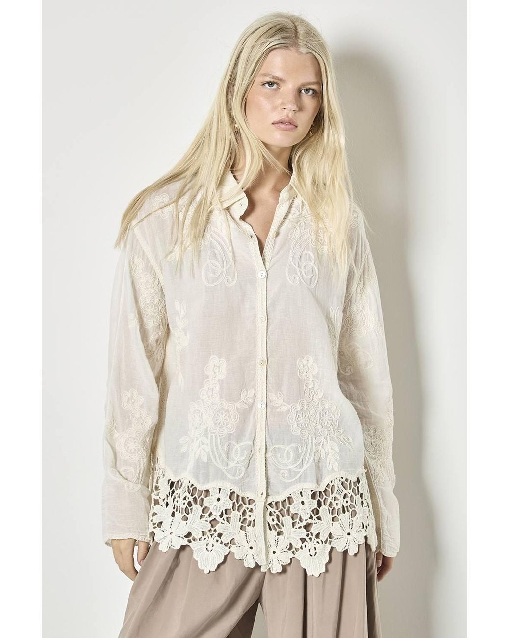Apricot Natural Embroidered Cotton Mesh Lace Oversized Shirt